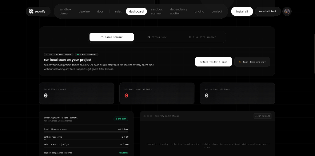 Securify Dashboard and Scanning Overview